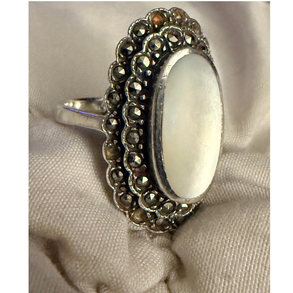 VTG Sz 10 NF Sterling Silver Mother of Pearl Marcasite Boho Art Deco Witchy Goth
